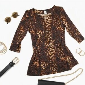 IMAN Leopard Print Top Large 3/4 Sleeve Keyhole Neck Tunic Shirt Animal Cheetah‎